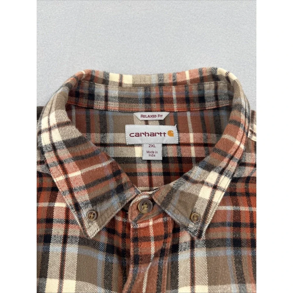 Carhartt Trumbull Long Sleeve Button Down Flannel Mens 2XL Orange Plaid Workwear